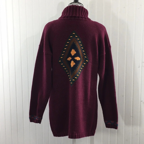 Pasta Vintage Maroon Chunky Knit Turtleneck Sweater Womens Medium Diamond Floral - Picture 3 of 12